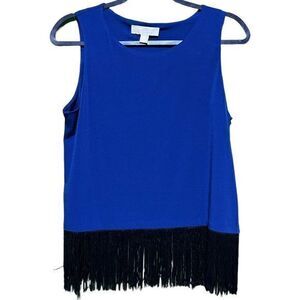 NWT Michael Kors Women's Frayed Fringe Tank‎ Top Sapphire Blue/Black Size Large